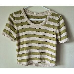 Ultra Pink Short Sleeve Cropped Green Striped Open-knit Pointelle Sweater Size M